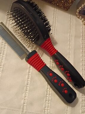 Dog Grooming Brush Set with Red and Black Handles